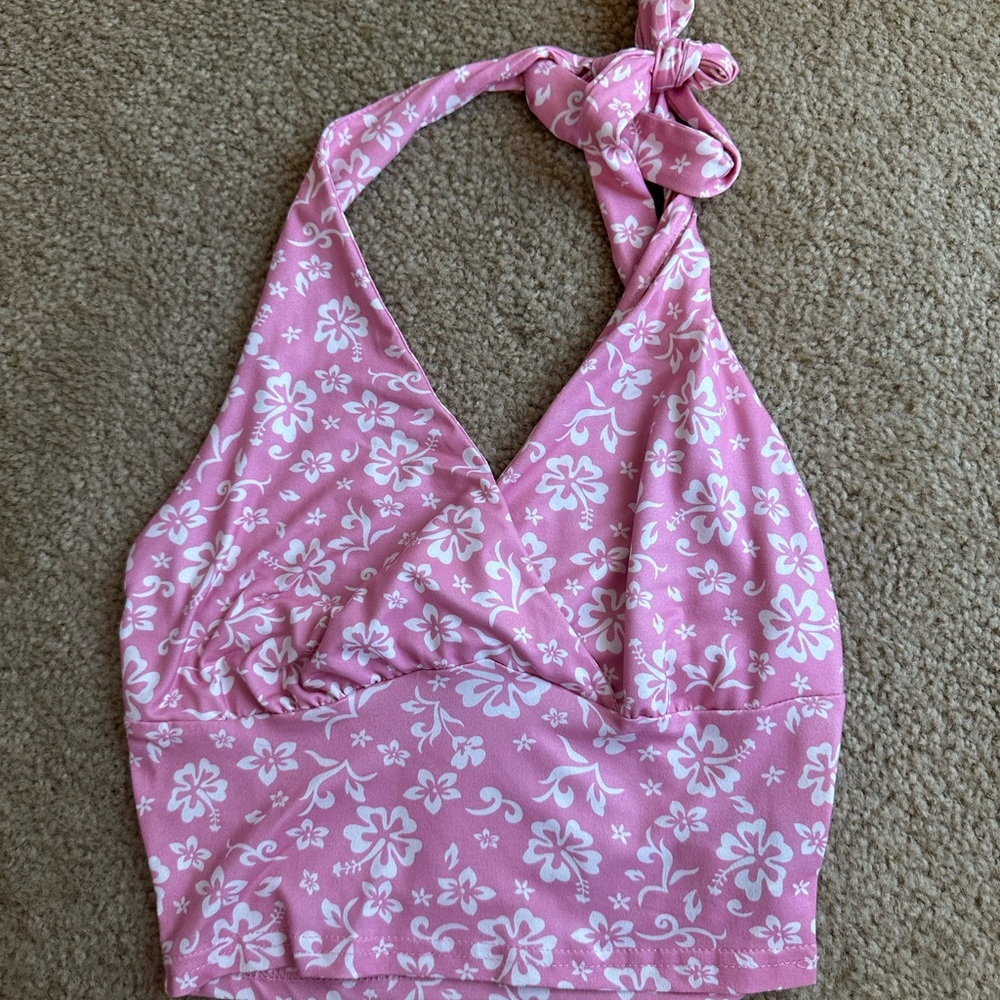 Pink Floral Halter Crop Top